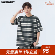 viishow潮牌夏季復古撞色條紋圓領(lǐng)短袖T恤男女寬松情侶休閑百搭體恤 灰白條 S