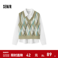 森馬（Semir）長(cháng)袖襯衫女冬季菱形格V領(lǐng)短背心易打理襯衣俏皮學(xué)院風(fēng)兩件套 白咖色調00315 M