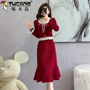 啄木鳥(niǎo)（TUCANO）高級時(shí)髦洋氣少女本命年酒紅色晚禮服結婚訂婚燈芯絨連衣裙兩件套 酒紅色魚(yú)尾裙 S