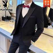 花花公子（PLAYBOY）新郎西裝男套裝結婚高級感塔士多禮服韓版商務(wù)休閑雙排扣西服外套 TZ914黑色（西裝+西褲） 送白襯衫-領(lǐng)帶 M 建議體重100-115斤
