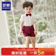 羅蒙休閑背帶套裝寶寶周歲西裝花童男童禮服畢業(yè)兒童畢業(yè)演出服短褲帥 背帶套裝：襯衫+短褲+背帶+領(lǐng)結 120