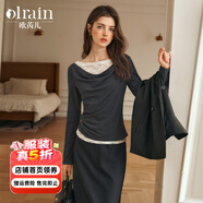 Olrain【5折】灰色長(cháng)袖T恤女秋季新款蕾絲一字肩蕩領(lǐng)雙層上衣 灰色 M