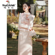 啄木鳥(niǎo)（TUCANO）2025新年穿搭套裝裙新中式國風(fēng)刺繡馬甲氣質(zhì)加絨旗袍連衣裙兩 淺粉色馬夾+白色旗袍裙 S