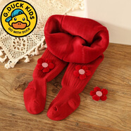 G.duck小黃鴨女童打底褲新年款紅色褲寶寶周歲冬季加絨加厚嬰幼童連腳褲 中國紅紅花朵+發(fā)夾套裝 100 M碼1-2歲/身高73-83CM