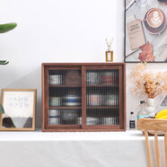 實(shí)木防塵帶門(mén)杯子置物架水杯咖啡杯杯酒杯餐邊桌面展示柜 三層北美黑胡桃木長(cháng)虹玻璃門(mén)