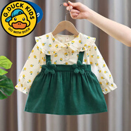 G.duck小黃鴨女童秋裝連衣裙嬰兒裙子小女孩洋氣長(cháng)袖公主裙童裝背心裙春 小花裙-綠色 95