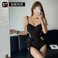 山頭林村細吊帶顯瘦泳衣2023年日韓女連體吊帶款式小胸聚攏修身顯瘦辣妹度 黑色 XL
