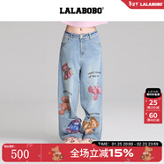 LALABOBO【周深同款】純棉牛仔褲高腰顯瘦小熊印花寬松闊腿褲RBED-WXZC19 中藍白 常規 24 建議80-105斤