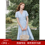 范思藍恩V領(lǐng)減齡純色全棉刺繡a字連衣裙女夏季2025新款裙子2233 藍色 XL