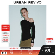 UR2025秋季新款女裝休閑斜肩領(lǐng)褶皺修身長(cháng)袖T恤UWM450130+ 正黑 S