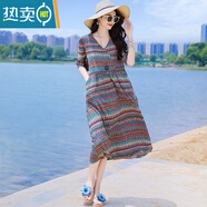 夏典素訂女王（SE.PSTP）度假風(fēng)2025新款長(cháng)裙沙灘裙仙女?huà)寢寣捤纱蟠av領(lǐng)休閑連衣裙女 8號色 2XL 110-125斤