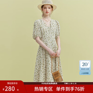 范思藍恩23FS12521茶歇法式雪紡碎花連衣裙女夏V領(lǐng)海邊度假長(cháng)裙子 米底黃花 S