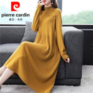 皮爾卡丹（pierre cardin）針織連衣裙媽媽裝中長(cháng)款過(guò)膝顯瘦春秋新款大碼打底刺繡毛衣裙 金色 -【LL-繡花款】 M 適用80-100斤