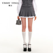 糖力商場(chǎng)同款  芭蕾少女 2025冬季新款撞色荷葉邊百褶半身裙短裙女 灰色  挺括骨感梭織料 撞色荷葉邊拼接 S  建議95-105斤