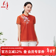 天意TANGY/天意2024春夏新款商場(chǎng)同款民族風(fēng)復古繡花休閑T恤女W242016 桔紅色7205色 XL