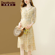 丹慕妮爾法式優(yōu)雅碎花雪紡洋裝女夏新款V領(lǐng)氣質(zhì)收腰a字裙子 黃色 2XL