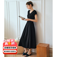 Olrain【5折】深灰色連衣裙女裝夏季新款時(shí)尚收腰顯瘦傘擺裙子 黑色 XL