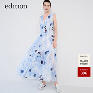 edition連衣裙女新款度假風(fēng)水墨畫(huà)印花棉麻連衣裙背心裙 白底藍花色 M 165