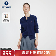 Navigare意大利小帆船毛衣外套女士秋冬款純羊毛圓領(lǐng)羊毛衫氣質(zhì)針織開(kāi)衫 藏青 M