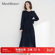 MeetMetro瑪依爾法式浪漫淑女連衣裙女2025秋新款優(yōu)雅氣質(zhì)A字長(cháng)裙 藏藍色【現貨】 M