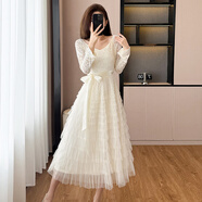 彈簧人（TANHUANGREN）法式蕾絲鏤空勾花系帶蓬蓬連衣裙女2026春高腰A字網(wǎng)紗層層蛋糕裙 杏色連衣裙 M