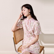 秋水伊人刺繡印花立領(lǐng)中式連衣裙2025年秋季新款女裝顯瘦收腰裙 花料 S