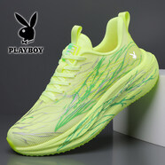 花花公子（PLAYBOY）男鞋2026秋冬新款百搭休閑鞋碳板爆米花防滑減震運動(dòng)跑鞋 6818熒光綠色 38