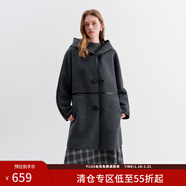 范思藍恩灰色撞色貝殼繡連帽寬松大衣女冬季2025新款毛呢外套4204 灰色 M