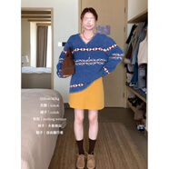 ADTNM圣誕風(fēng)冬季韓國少女系氣質(zhì)甜美保暖拼色圖騰提花V領(lǐng)麻花厚毛衣女 藍色 XL