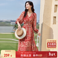 尚都比拉春秋中長(cháng)款印花紅色連衣裙氣質(zhì)女神范顯瘦度假裙子 紅花 XL 