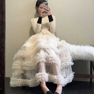 網(wǎng)紗半身裙女春新重工ins花邊壓褶蛋糕裙仙女氣質(zhì)木耳邊大擺拖地 杏色 均碼 80-150斤