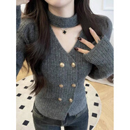 啄木鳥(niǎo)（TUCANO）新款秋冬吊領(lǐng)針織衫女式長(cháng)袖雙排扣短針織衫開(kāi)衫加厚內層襯衫上衣 深灰色今年流行的輕奢品牌 S 80-95斤