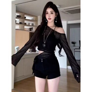 FHHUABD純欲風(fēng)辣妹性感斜肩長(cháng)袖T恤女春夏季設計感防曬罩衫薄款上衣 黑色防曬衫 S