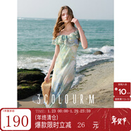 三彩2025秋款雪紡印花連衣裙荷葉邊一字肩兩穿長(cháng)裙度假風(fēng)M 薄荷綠花卉 XL 170/92A