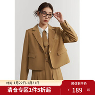 獨束大碼女裝學(xué)院風(fēng)減齡西裝時(shí)尚套裝文藝復古春季新款微胖mm半裙 卡其色-外套 L