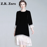 Z.R.Zoro輕奢品牌真絲連衣裙女2026春季新款名媛風(fēng)荷葉邊真絲絨高級感裙子 黑色 S [適合<105]斤