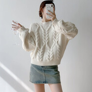 NACJOM復古仿手打毛衣針織衫女套頭粗棒針秋冬麻花短款慵懶風(fēng)粗毛衣 米白色 M
