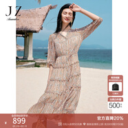 玖姿·安娜蔻優(yōu)雅民族風(fēng)多層雪紡蛋糕裙收腰連衣裙女2025夏季新款 花桔紅 S