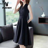 花花公子（PLAYBOY）赫本風(fēng)小紅裙夏季新款韓版褶皺顯瘦V領(lǐng)短袖大碼純黑色連衣裙女 黑色（無(wú)袖款） L 【建議105-115斤穿】