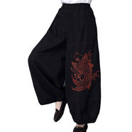 民族風(fēng)復古繡花棉麻燈籠褲松緊腰長(cháng)褲女寬松大碼休閑闊腿褲 黑色 M M建議95-115斤