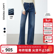 朗姿【明星同款】朗姿醋酸闊腿休閑氣質(zhì)長(cháng)褲女冬季新款法式牛仔褲 藏藍色 L