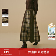 茵曼2025秋冬女裝新款復古燈芯絨拼接格紋半身裙寬松A字毛呢裙子 深咖色 L