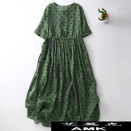 艾莫克時(shí)尚棉麻圓點(diǎn)收腰系帶顯瘦中長(cháng)款連衣裙 圖片色 M