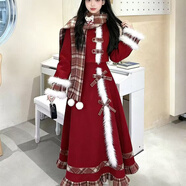語(yǔ)森憶冬季2025新款套裝女氛圍感小個(gè)子格子拼接毛呢圍巾外套長(cháng)裙三件套 紅色套裝（上衣+長(cháng)裙+圍巾） XL  【建議115-125斤】