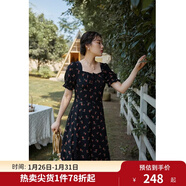 獨束大碼女裝抽繩設計碎花連衣裙女夏季新款胖mm法式茶歇裙 黑底紅花  XL