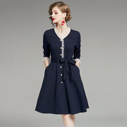 ZHIO【原版質(zhì)量】-春秋冬新款女歐根紗拼接名媛氣質(zhì)連衣裙通勤顯瘦女 藏藍色 S