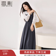 香影法式娃娃領(lǐng)收腰連衣裙女2026春裝新款灰色通勤假兩件長(cháng)袖裙子 中灰 M 160/84A/95-110斤