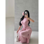 YoungGirlDay純欲氛圍感假兩件系帶收腰無(wú)袖包臀背心連衣裙長(cháng)裙 冰桃粉 S S