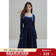 獨束大碼女裝法式復古撞色針織拼接連衣裙女彈力修身打底裙高腰長(cháng)裙 深藏青 XL