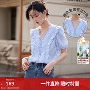 茵曼（INMAN）萊賽爾鏤空蕾絲V領(lǐng)連衣裙2026夏季女裝新品木耳邊短袖裙子 藍色-18225312 M